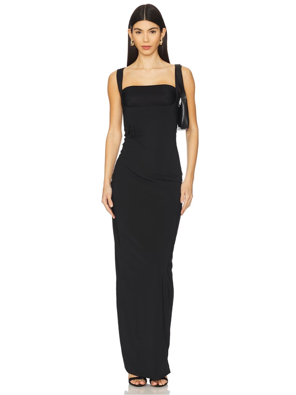 Maygel Coronel Hibisco Maxi Dress in Black Panel Mesh Floral Appliqué Detail LBD